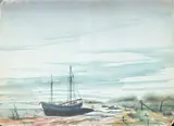 Shemanoske, Beached Boat on an Ocean Inlet, BEACHED BOAT ON AN OCEAN INLET, watercolor.