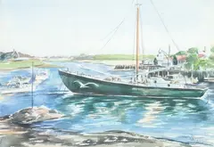 Frank Russell, Yacht and Boats on a New England Estuary, The high quality and attractive nature of this watercolor, which is as bright, vibrant and crisp as the day it was painted, easily warrants a presale estimate of $150-$300