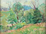Pennslvania Impressionist School, View Near Newtown Square, A long life and a happy one to the newylweds from Jean and Pliny." Oil on board