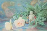 American School, Roses and Buddha Figure, Watercolor