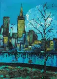 Semi-Abstract View in Vivid Colors of a Skyline and Skyscrapers from Across a River by American School, Oil or acrylic on board, sold Feb 2013
