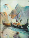 Jan Holmes, Viking Boats in a Fjord, Oil on board Click here to view supplemental information for this lot.