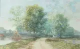George Burton Drake, Two Women Walking on a Tree-Lined Trail Between a Farm Pasture and a River, Watercolor Click here to view supplemental information for this lot.