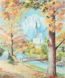 Frances B. Billson, Footbridge Over River with Church in Background, Oil on canvas
