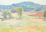 Charles Henry Richert, TREE LINED MEADOW WITH HILLS IN DISTANCE, estate stamped lower left, Watercolor