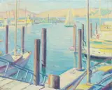 Charles Ezekiel Polowetski, Sausalito, Very sunny Impressionist view of docks and boats on the Sausalito waterfront on San Francisco Bay, with hills in the distance across the Bay, painted primarily in soft, muted pastel blues and yellows, executed on a very sunny day