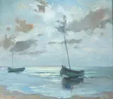 Pier Antonio Gariazzo, Two Rowboats Beached on an Ocean Shoreline Under an Overcast Sky, Oil on wood panel Click here to view supplemental information for this lot.