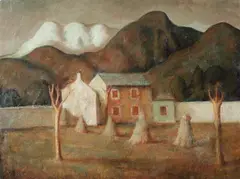 Two-Sided Painting; View of Farm Field/Partial Portrait of Female Playing a Guitar by Giovanni Toffolo Anzil, Oil on canvas Click here to view supplemental information for this lot., sold Feb 2013