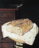 Charles Levier, Still Life: a Loaf of Bread on a Dining Cloth on a Round Table Top, Oil on canvas