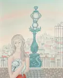 Foussa Itaya, Woman Holding a Cat on an Outdoor Porch, Oil on canvas