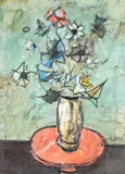 Charles Levier, Still Life with Flowers on Pedestal Table, Oil on canvas