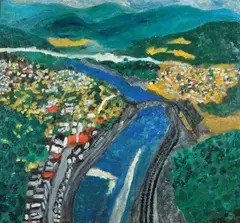 Justin McCarthy, A Modern Naive Painting of an Imagined Aerial Overview of Stroudsburg, Oil on masonite panel