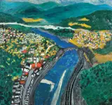 Justin McCarthy, A Modern Naive Painting of an Imagined Aerial Overview of Stroudsburg, Oil on masonite panel