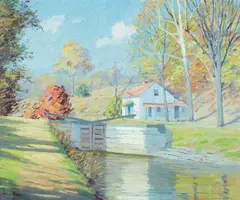 Abraham John Schram, Lock on C & O Canal, Oil on canvas Click here to view supplemental information for this lot.