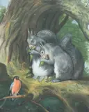 Joseph Decker, Squirrels Eating Acorns, Exquisitely Precise Pastel Of Squirrels Eating Acorns In A Nest On A Limb