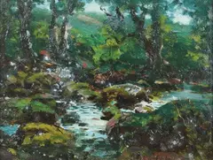 John Colin Forbes, Impressionist View of Stream Amidst Brightly Colored Flora, Oil on canvas Click here to view supplemental information for this lot.