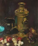 Rudolfo Novelli, Still Life with Russian Samovar, Oil on canvas Click here to view supplemental information for this lot.