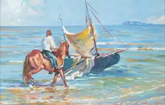 Charles Merrill Mount, Girl Riding a Horse in Ocean Surf Near a Sailboat 'In the Irish Sea Near Dublin, Sargent had a profound and lasting impact on Mount's classical Impressionist style, in which be painted in buttery, impasto brush strokes and high key pastel colors
