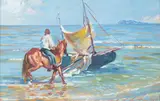 Charles Merrill Mount, Girl Riding a Horse in Ocean Surf Near a Sailboat 'In the Irish Sea Near Dublin, Sargent had a profound and lasting impact on Mount's classical Impressionist style, in which be painted in buttery, impasto brush strokes and high key pastel colors