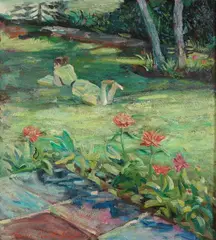 Charles Merrill Mount, A Girl Lying in the Backyard Grass and Reading a Book, Sargent had a profound and lasting impact on Mount's classical Impressionist style, in which be painted in buttery, impasto brush strokes and high key pastel colors