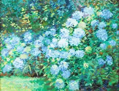 Charles Merrill Mount, Snowballs (Hydrangeas) in a Garden, Sargent had a profound and lasting impact on Mount's classical Impressionist style, in which be painted in buttery, impasto brush strokes and high key pastel colors