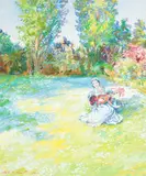Charles Merrill Mount, Daisy Lawn with Figure Playing a Lute, Sargent had a profound and lasting impact on Mount's classical Impressionist style, in which be painted in buttery, impasto brush strokes and high key pastel colors