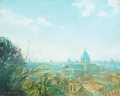 Charles Merrill Mount, View of Rome from the Borghese Gardens, Sargent had a profound and lasting impact on Mount's classical Impressionist style, in which be painted in buttery, impasto brush strokes and high key pastel colors