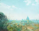 Charles Merrill Mount, View of Rome from the Borghese Gardens, Sargent had a profound and lasting impact on Mount's classical Impressionist style, in which be painted in buttery, impasto brush strokes and high key pastel colors