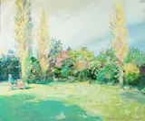 Charles Merrill Mount, Early Spring Yellow Poplars, Sargent had a profound and lasting impact on Mount's classical Impressionist style, in which be painted in buttery, impasto brush strokes and high key pastel colors
