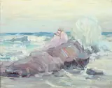 Mother and Child Sitting on Boulder at Ocean'S Edge by A. H. O. Rolle, D.C. (1919-1932, except 1925) and the Washington Watercolor Club (1930-1937), offered Feb 2013