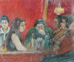 David Azuz, Le Bar Rouge (Gals at a Bar), Oil on paper Click here to view supplemental information for this lot.