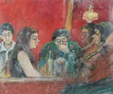 David Azuz, Le Bar Rouge (Gals at a Bar), Oil on paper Click here to view supplemental information for this lot.