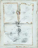 Shlomo Koren, Abstract Calculations on Four Pieces of Charred Paper, Pen and ink with watercolor and pencil; mixed media collage on canvas Click here to view supplemental information for this lot.