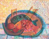 Simon Avissar, Abstract Still Life with Fish and Appleson an Oval Blue Plate, Oil on canvas Click here to view supplemental information for this lot.