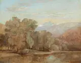 Wolfgang Adam Toepffer, MOUNTAIN LANDSCAPE, identified on frame plaque and label verso, Oil on paper or card, laid on wood panel Click here to view supplemental information for this lot.