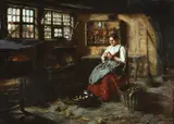 Carl Kricheldorf, Interior with Woman Knitting, Oil on canvas