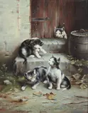 Johann Hartung, Four Curious Kittens, Oil on wood panel Click here to view supplemental information for this lot.