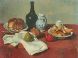Osip Emmanuelovich Braz, Still Life: Fruit with Cakes on Plates and a Wine Bottle and Pitcher on a Decorated Red Table Cloth, Oil on canvas Click here to view supplemental information for this lot.