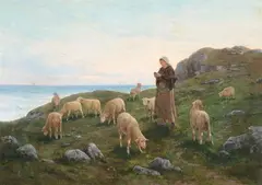 Noè Bordignon, Shepherdess with Her Sheep on a Meadow at the Edge of a Seaside Cliff on a Clear Day, Oil on canvas Click here to view supplemental information for this lot.