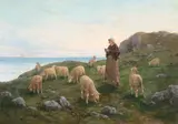 Noè Bordignon, Shepherdess with Her Sheep on a Meadow at the Edge of a Seaside Cliff on a Clear Day, Oil on canvas Click here to view supplemental information for this lot.