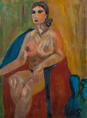 Matthew Smith, Nude in Red and Blue, Oil on board Click here to view supplemental information for this lot.