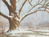 Benson Bond Moore, Old Willow in Winter (Anacostia), DC 1875-1941) were the 2 DC artists and 2 of only 12 Southern Impressionists selected by Professor William Gerdts, for inclusion in his very popular, scholarly, well-written, trailblazing book American Impressionism, published in 1984, which is still in print and selling well, and Moore's classical American Impressionist style, up through c. 1925 and his post c. 1925 evolution into a truly unique form of Impressionism, not practiced by any other American artist, in which almost all
