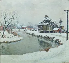 Benson Bond Moore, A Branch Of The Anacostia River With Snow-Covered Banks In An Industrial Area In D.C., c. 1920, DC 1875-1941) were the 2 DC artists and 2 of only 12 Southern Impressionists selected by Professor William Gerdts, for inclusion in his very popular, scholarly, well-written, trailblazing book American Impressionism, published in 1984, which is still in print and selling well, and Moore's classical American Impressionist style, up through c. 1925 and his post c. 1925 evolution into a truly unique form of Impressionism, not practiced by any other American artist, in which almost all