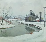 Benson Bond Moore, A Branch Of The Anacostia River With Snow-Covered Banks In An Industrial Area In D.C., c. 1920, DC 1875-1941) were the 2 DC artists and 2 of only 12 Southern Impressionists selected by Professor William Gerdts, for inclusion in his very popular, scholarly, well-written, trailblazing book American Impressionism, published in 1984, which is still in print and selling well, and Moore's classical American Impressionist style, up through c. 1925 and his post c. 1925 evolution into a truly unique form of Impressionism, not practiced by any other American artist, in which almost all