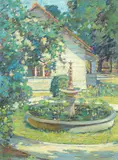 Ellsworth Woodward, Impressionist Spring View of a Garden Pool with Water Lilies and a Central Fountain with a Standing Figure in the Center, Oil on canvas
