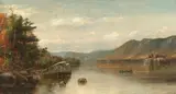 Jonathan Bradley Morse, Hudson River School Landscape of Two Men Boating on Lake Champlain, Oil on canvas Click here to view supplemental information for this lot.
