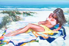 Howard Behrens, Portrait of Young Woman Sunbathing on Beach, Oil on canvas
