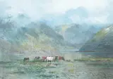 Cows Watering in Mountain Lake by Hugo Anton Fisher, Gouache Click here to view supplemental information for this lot., offered Feb 2013