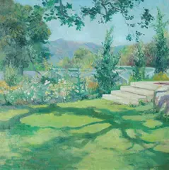 E. Charlton Fortune, Impressionistic View of Backyard Garden with Flowers, Oil on canvas Click here to view supplemental information for this lot.