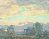 Scudding Pink And Purple Clouds At Dusk Over A Meadow With A Cottage And Trees Near Rockville by A. H. O. Rolle, D.C. (1919-1932, except 1925) and the Washington Watercolor Club (1930-1937), offered Feb 2013